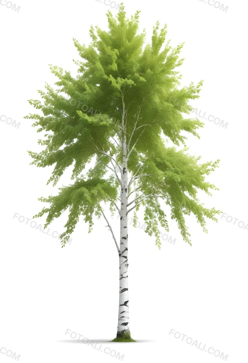 A Tall Birch Tree With White Bark And Lush Green Leaves Against A White Background 2 7183