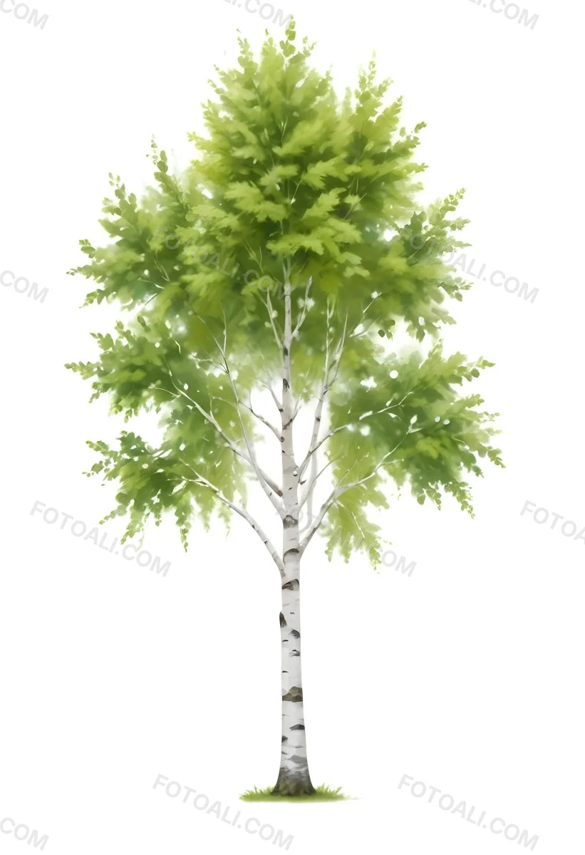 A Tall Birch Tree With White Bark And Lush Green Leaves Against A White Background 3 B08c