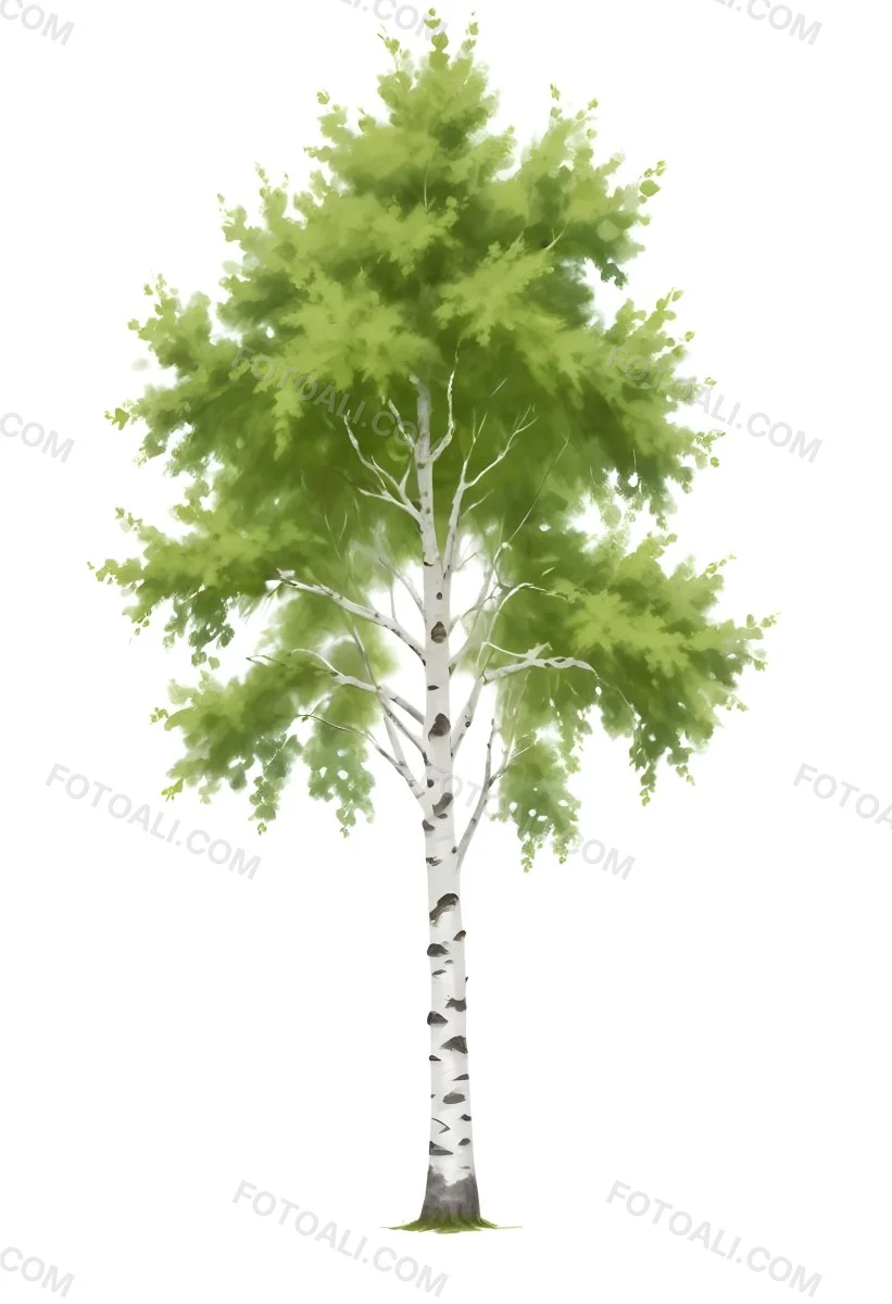 A Tall Birch Tree With White Bark And Lush Green Leaves Against A White Background 4 0984
