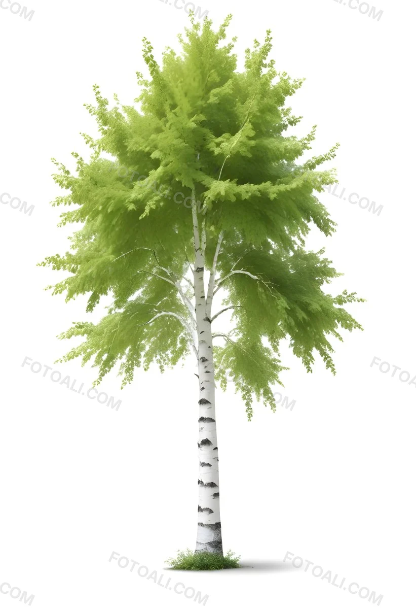 A Tall Birch Tree With White Bark And Lush Green Leaves Against A White Background 6 D7e2