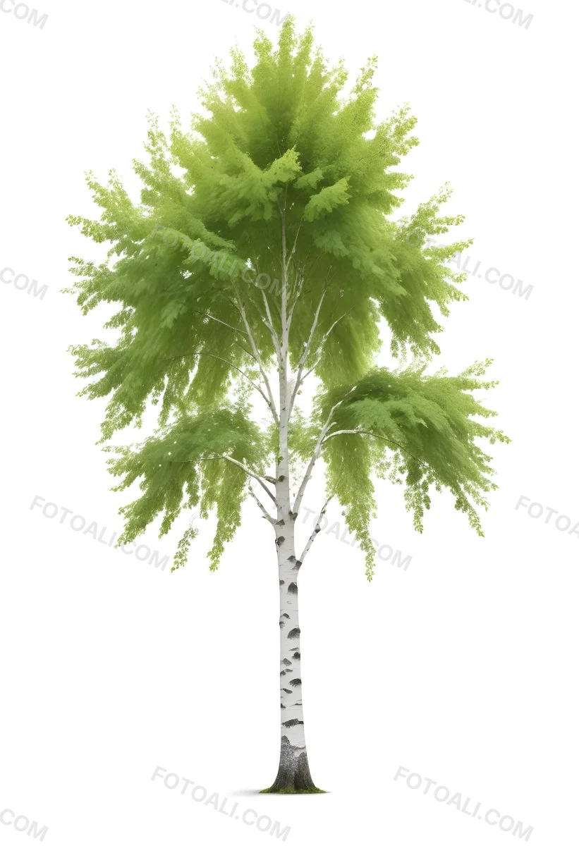 A Tall Birch Tree With White Bark And Lush Green Leaves Against A White Background 8 98e2