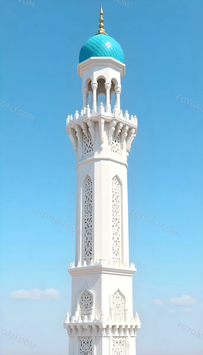 A Tall White Minaret With Blue Roof And Intricate Details Against A Clear Blue Sky Showcasing Islamic Architecture And Design 11 8de8