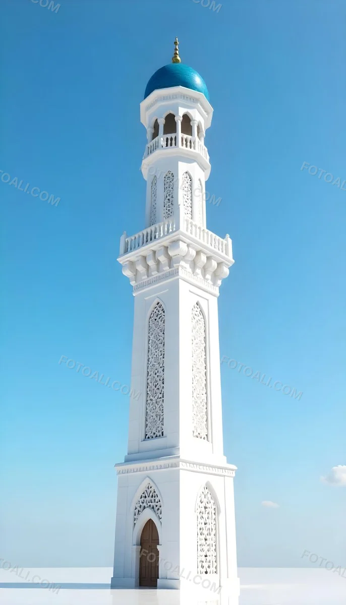 A Tall White Minaret With Blue Roof And Intricate Details Against A Clear Blue Sky Showcasing Islamic Architecture And Design 15 7aca
