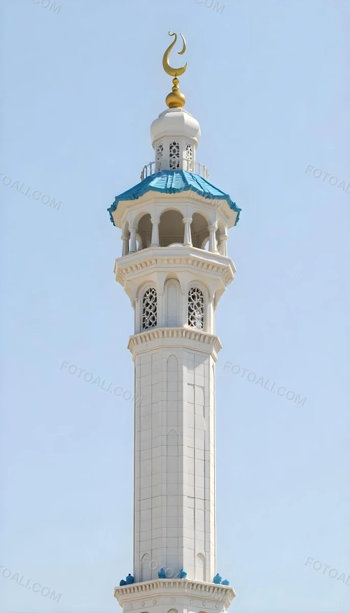 A Tall White Minaret With Blue Roof And Intricate Details Against A Clear Blue Sky Showcasing Islamic Architecture And Design 2 96fd