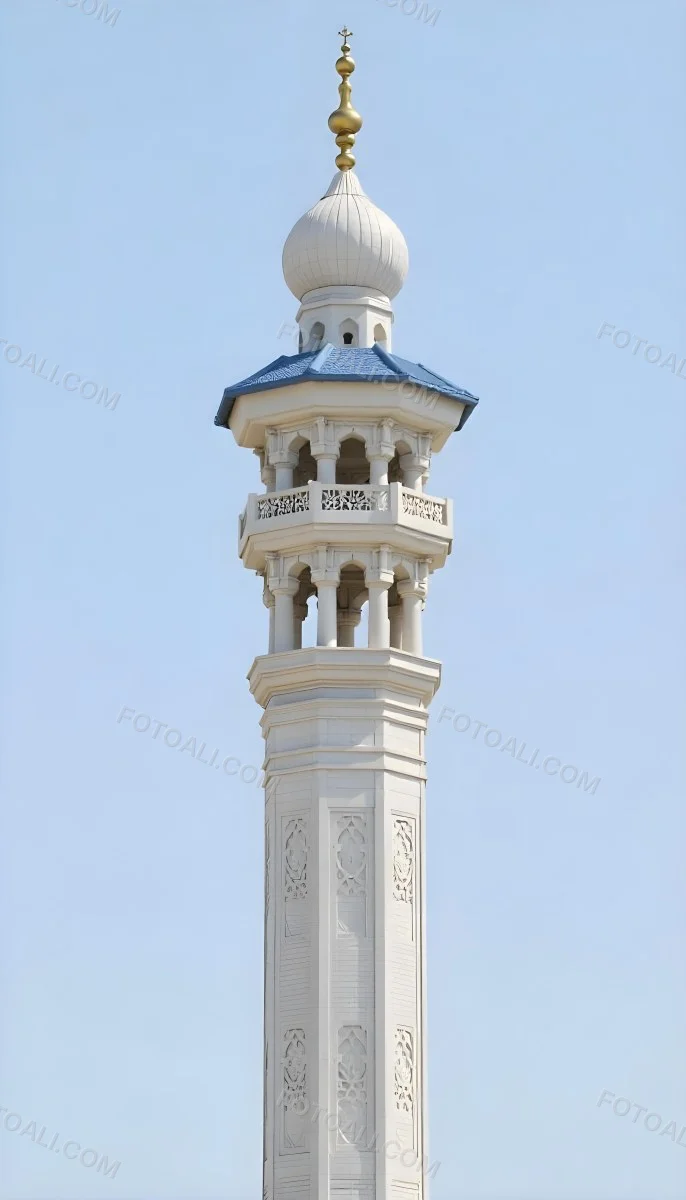 A Tall White Minaret With Blue Roof And Intricate Details Against A Clear Blue Sky Showcasing Islamic Architecture And Design 20 4f2b