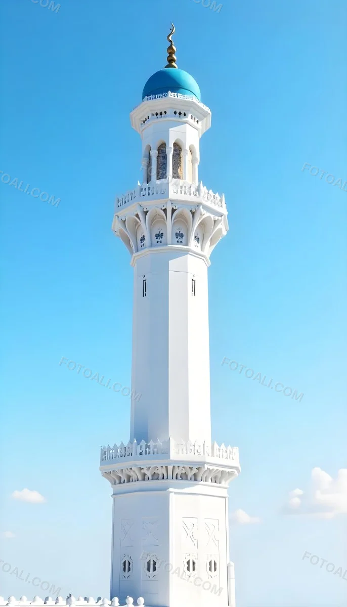 A Tall White Minaret With Blue Roof And Intricate Details Against A Clear Blue Sky Showcasing Islamic Architecture And Design 32 0536