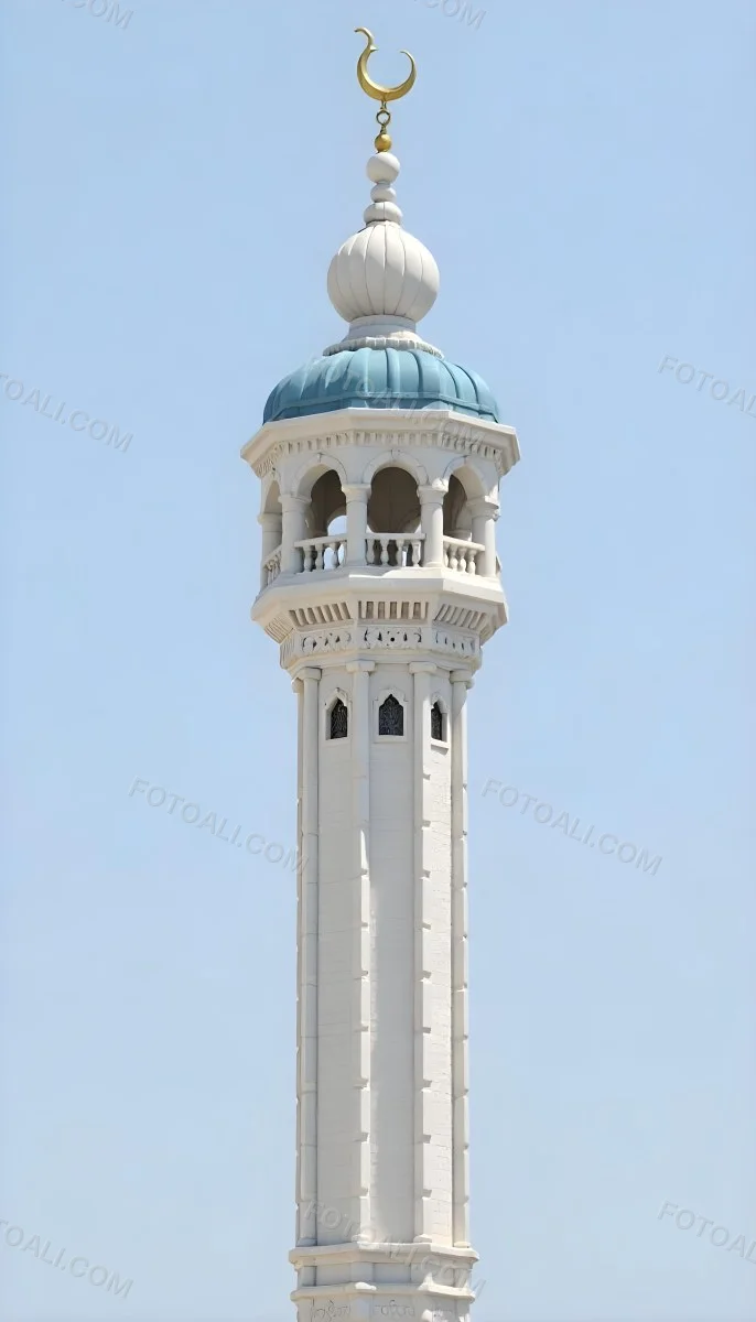 A Tall White Minaret With Blue Roof And Intricate Details Against A Clear Blue Sky Showcasing Islamic Architecture And Design 38 28a7
