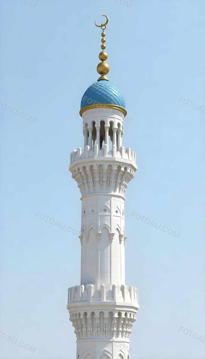 A Tall White Minaret With Blue Roof And Intricate Details Against A Clear Blue Sky Showcasing Islamic Architecture And Design 4 Dde4