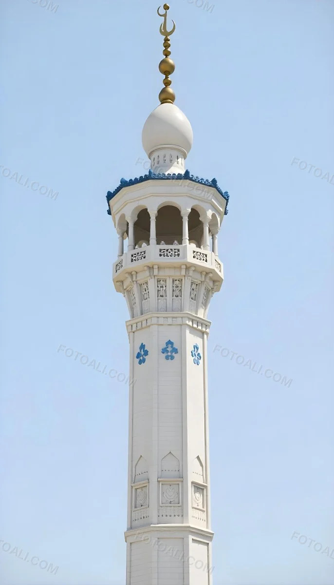A Tall White Minaret With Blue Roof And Intricate Details Against A Clear Blue Sky Showcasing Islamic Architecture And Design 40 2dd7