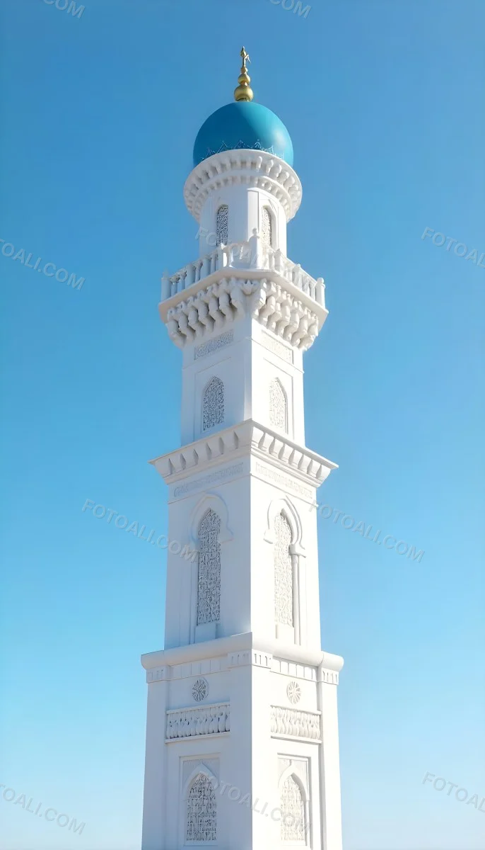A Tall White Minaret With Blue Roof And Intricate Details Against A Clear Blue Sky Showcasing Islamic Architecture And Design 41 6618