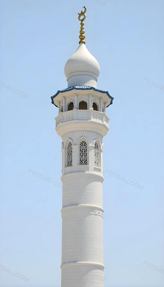 A Tall White Minaret With Blue Roof And Intricate Details Against A Clear Blue Sky Showcasing Islamic Architecture And Design 8 4f5c