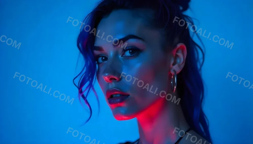 A Tanned Woman 25 Years Old With Blue Hair And Hoop Earrings Half Of Her Face Is Illuminated With Pink Light And The Other Half With Blue Light In A Blue Background 1 D4fd