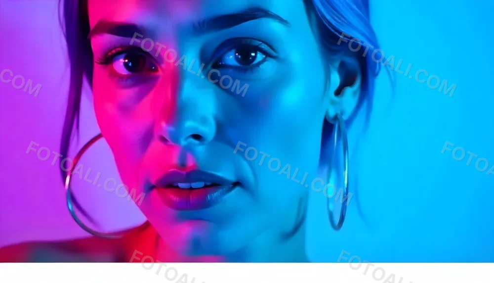 A Tanned Woman 25 Years Old With Blue Hair And Hoop Earrings Half Of Her Face Is Illuminated With Pink Light And The Other Half With Blue Light In A Blue Background 10 C2d6
