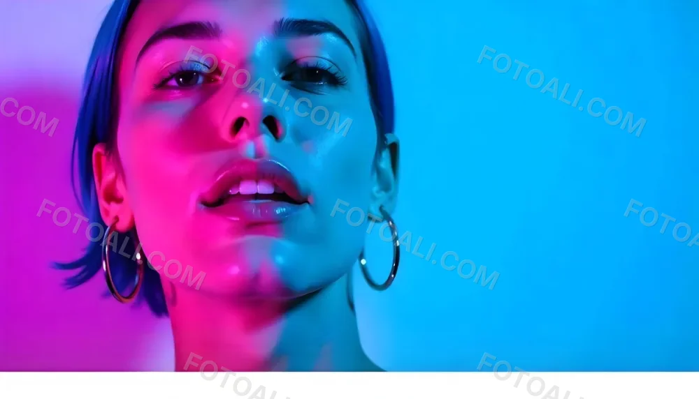 A Tanned Woman 25 Years Old With Blue Hair And Hoop Earrings Half Of Her Face Is Illuminated With Pink Light And The Other Half With Blue Light In A Blue Background 11 Ddc0