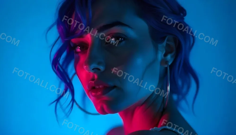 A Tanned Woman 25 Years Old With Blue Hair And Hoop Earrings Half Of Her Face Is Illuminated With Pink Light And The Other Half With Blue Light In A Blue Background 12 A0fc