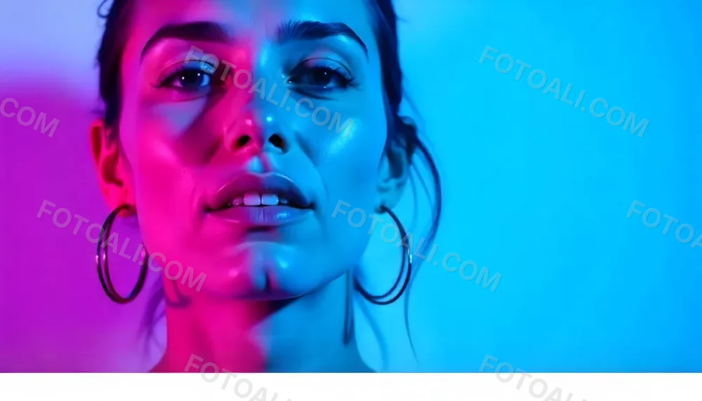A Tanned Woman 25 Years Old With Blue Hair And Hoop Earrings Half Of Her Face Is Illuminated With Pink Light And The Other Half With Blue Light In A Blue Background 14 7a1b