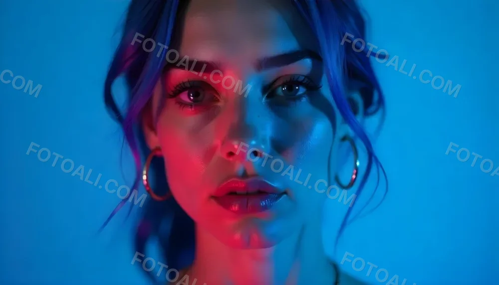A Tanned Woman 25 Years Old With Blue Hair And Hoop Earrings Half Of Her Face Is Illuminated With Pink Light And The Other Half With Blue Light In A Blue Background 2 7626