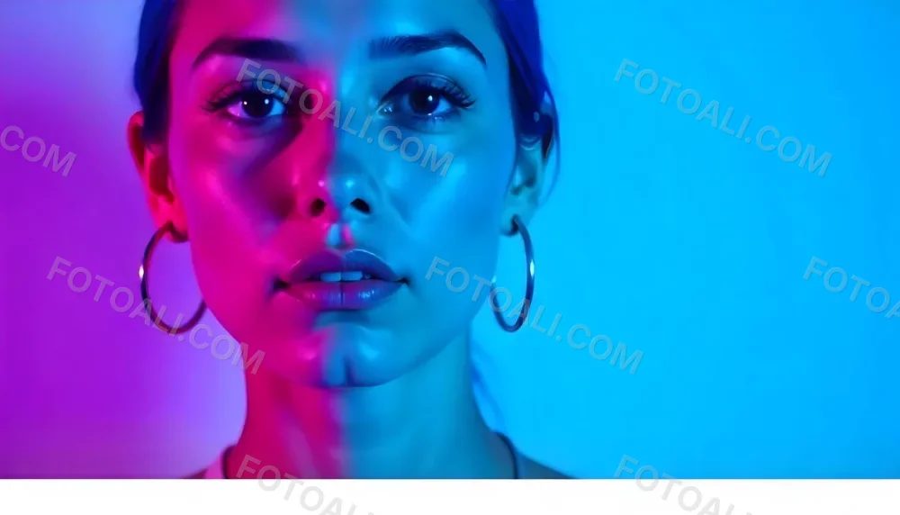 A Tanned Woman 25 Years Old With Blue Hair And Hoop Earrings Half Of Her Face Is Illuminated With Pink Light And The Other Half With Blue Light In A Blue Background 3 633c