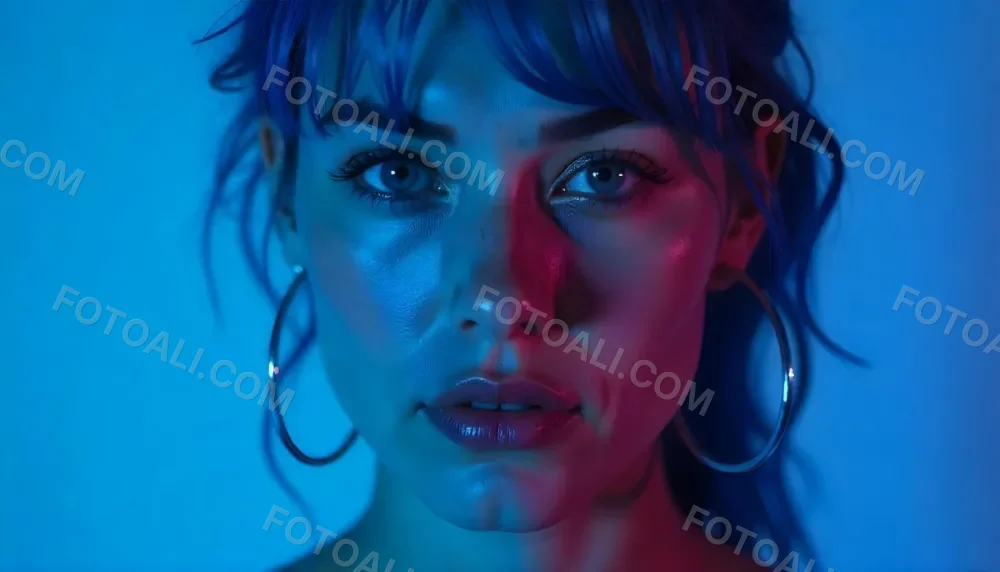 A Tanned Woman 25 Years Old With Blue Hair And Hoop Earrings Half Of Her Face Is Illuminated With Pink Light And The Other Half With Blue Light In A Blue Background 4 E675
