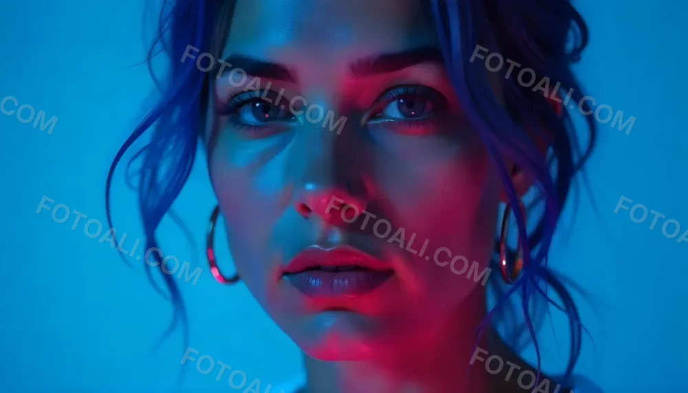 A Tanned Woman 25 Years Old With Blue Hair And Hoop Earrings Half Of Her Face Is Illuminated With Pink Light And The Other Half With Blue Light In A Blue Background 5 3906
