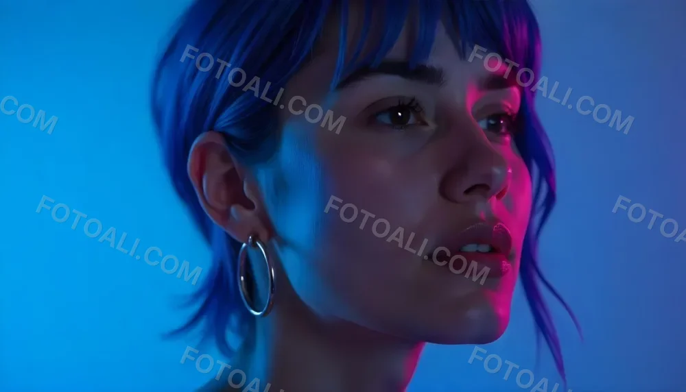 A Tanned Woman 25 Years Old With Blue Hair And Hoop Earrings Half Of Her Face Is Illuminated With Pink Light And The Other Half With Blue Light In A Blue Background 6 015a