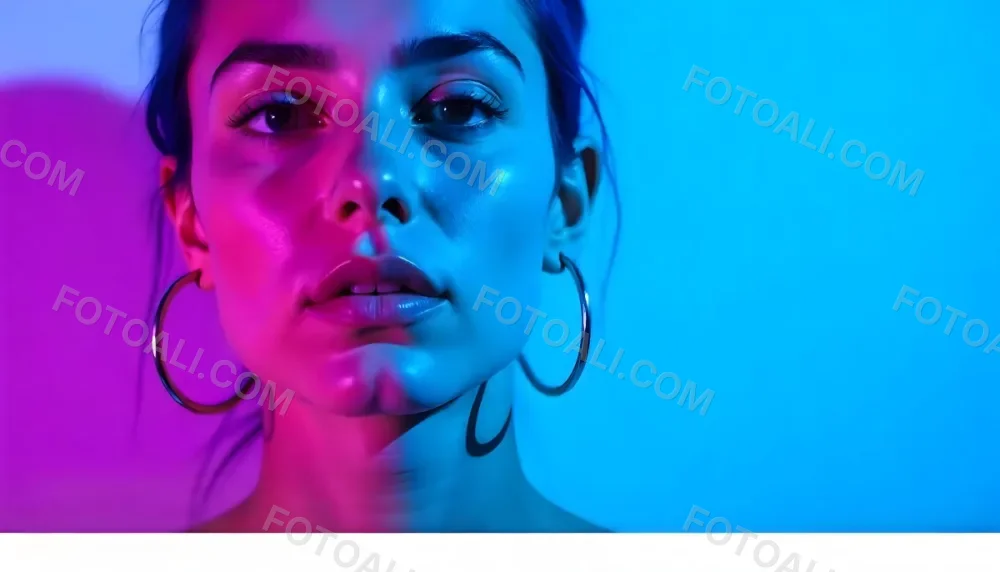 A Tanned Woman 25 Years Old With Blue Hair And Hoop Earrings Half Of Her Face Is Illuminated With Pink Light And The Other Half With Blue Light In A Blue Background 7 C2e7