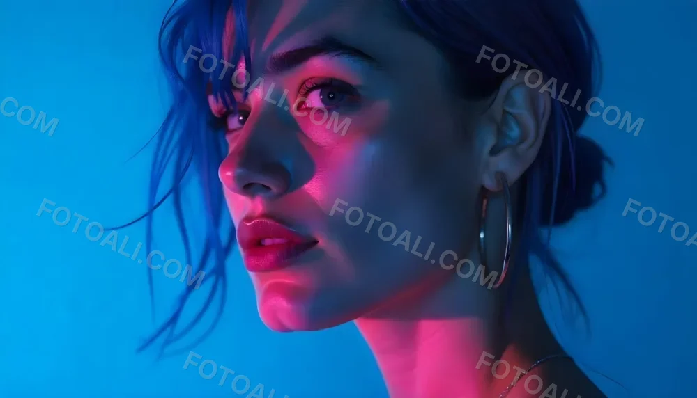 A Tanned Woman 25 Years Old With Blue Hair And Hoop Earrings Half Of Her Face Is Illuminated With Pink Light And The Other Half With Blue Light In A Blue Background 9 774c