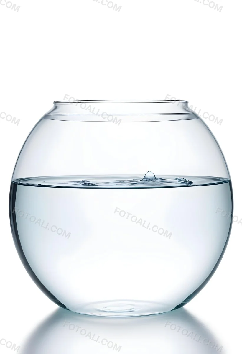 A Transparent Glass Fishbowl Filled Halfway With Clear Water Set Against A Plain White Background Showcasing The Simple Elegance Of The Container And Its Contents 1 9133