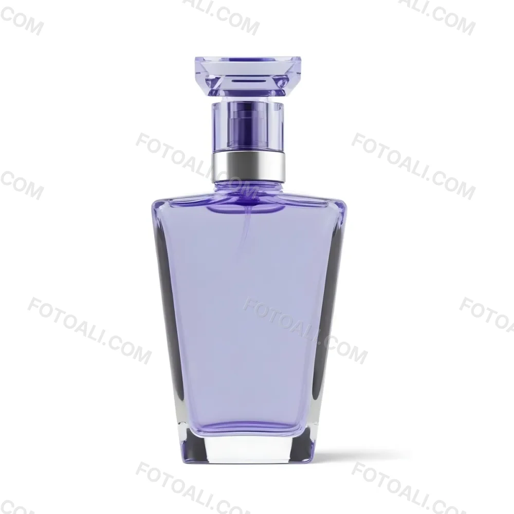 A Transparent Perfume Bottle With A Purple Cap On A White Background The Bottle Has A Transparent Neck And A Square Shape 1 0115