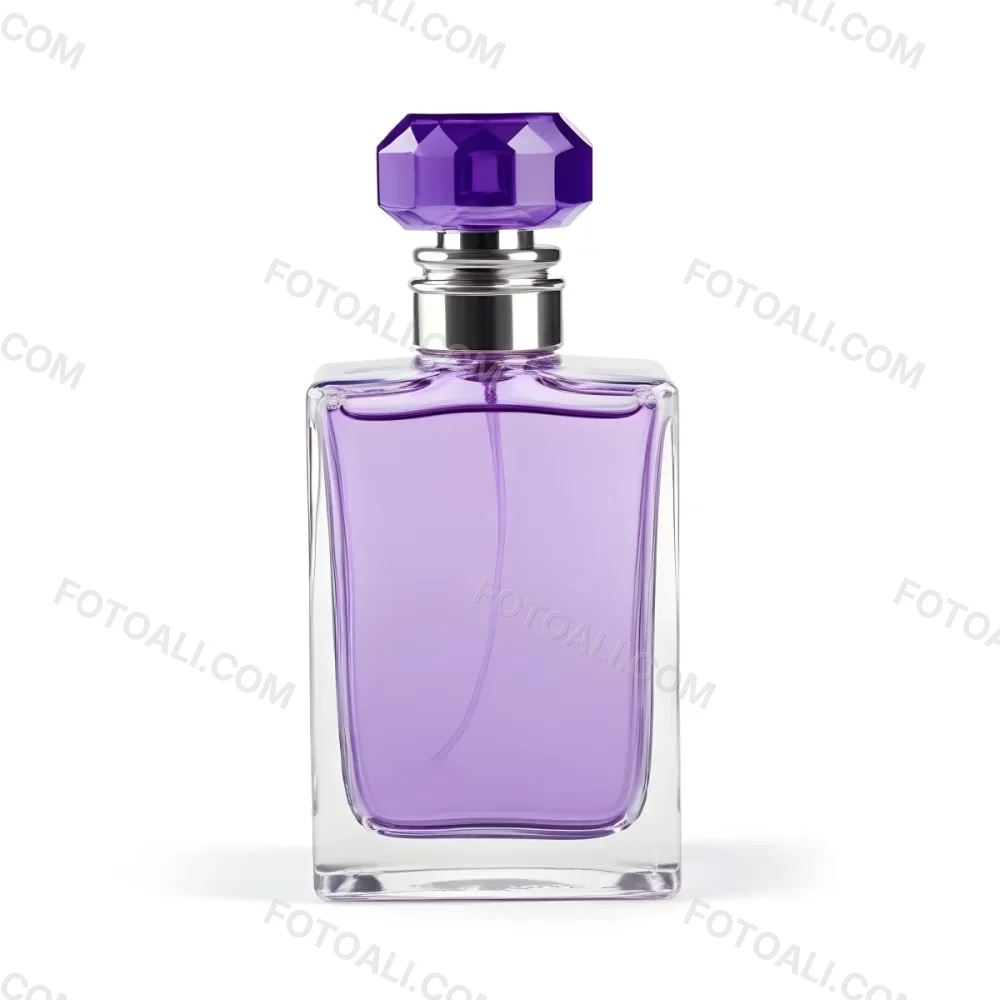 A Transparent Perfume Bottle With A Purple Cap On A White Background The Bottle Has A Transparent Neck And A Square Shape 11 E21e
