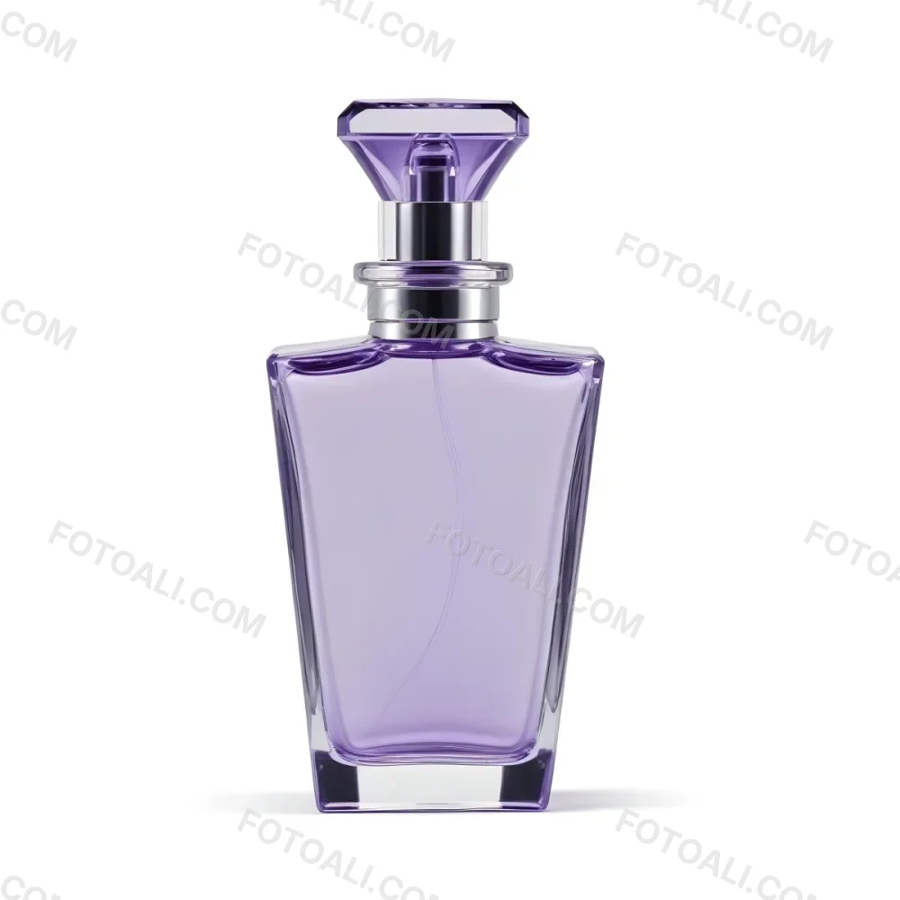 A Transparent Perfume Bottle With A Purple Cap On A White Background The Bottle Has A Transparent Neck And A Square Shape 13 Ec79
