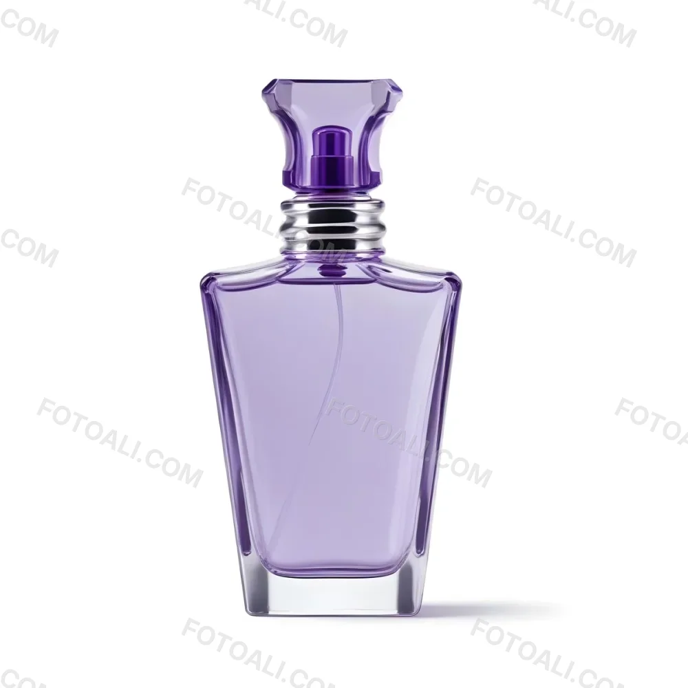 A Transparent Perfume Bottle With A Purple Cap On A White Background The Bottle Has A Transparent Neck And A Square Shape 19 3440