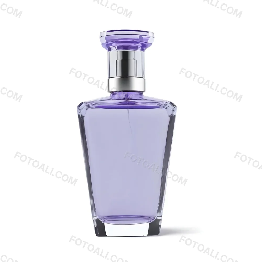 A Transparent Perfume Bottle With A Purple Cap On A White Background The Bottle Has A Transparent Neck And A Square Shape 21 809f