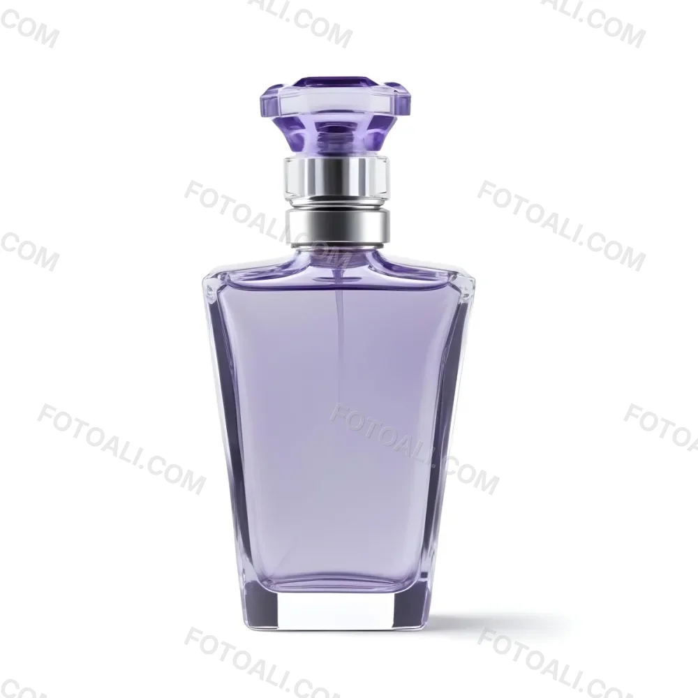A Transparent Perfume Bottle With A Purple Cap On A White Background The Bottle Has A Transparent Neck And A Square Shape 22 B9d9