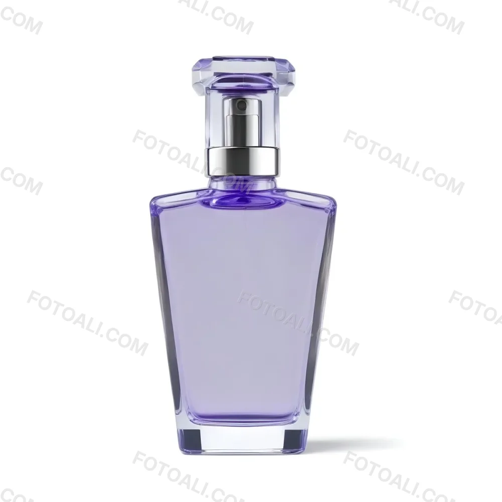 A Transparent Perfume Bottle With A Purple Cap On A White Background The Bottle Has A Transparent Neck And A Square Shape 25 67b0