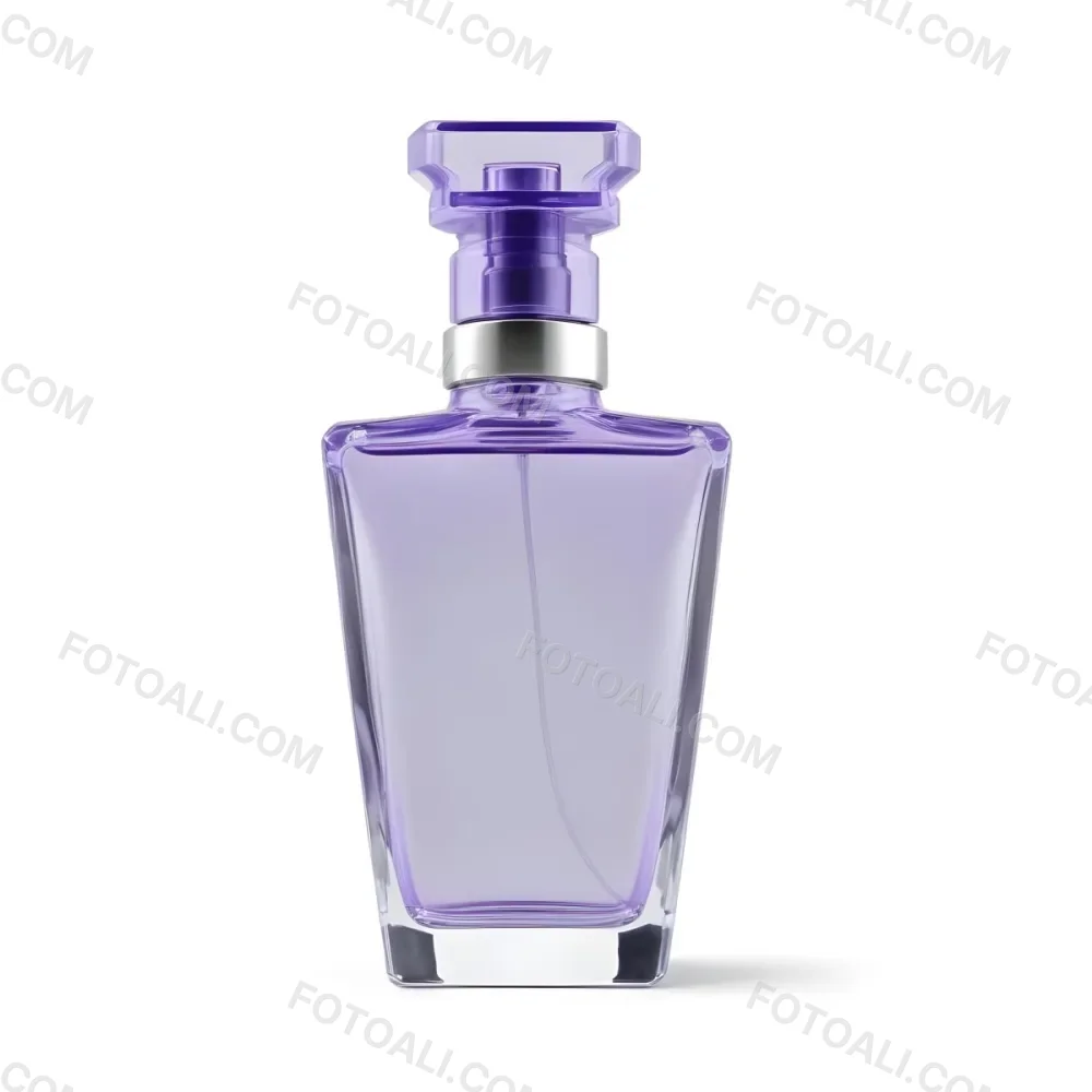 A Transparent Perfume Bottle With A Purple Cap On A White Background The Bottle Has A Transparent Neck And A Square Shape 26 567a