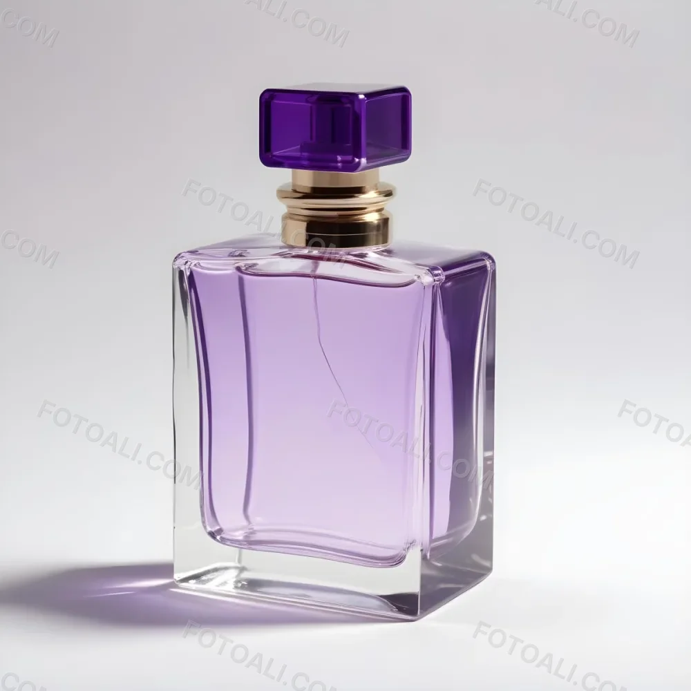 A Transparent Perfume Bottle With A Purple Cap On A White Background The Bottle Has A Transparent Neck And A Square Shape 3 E934