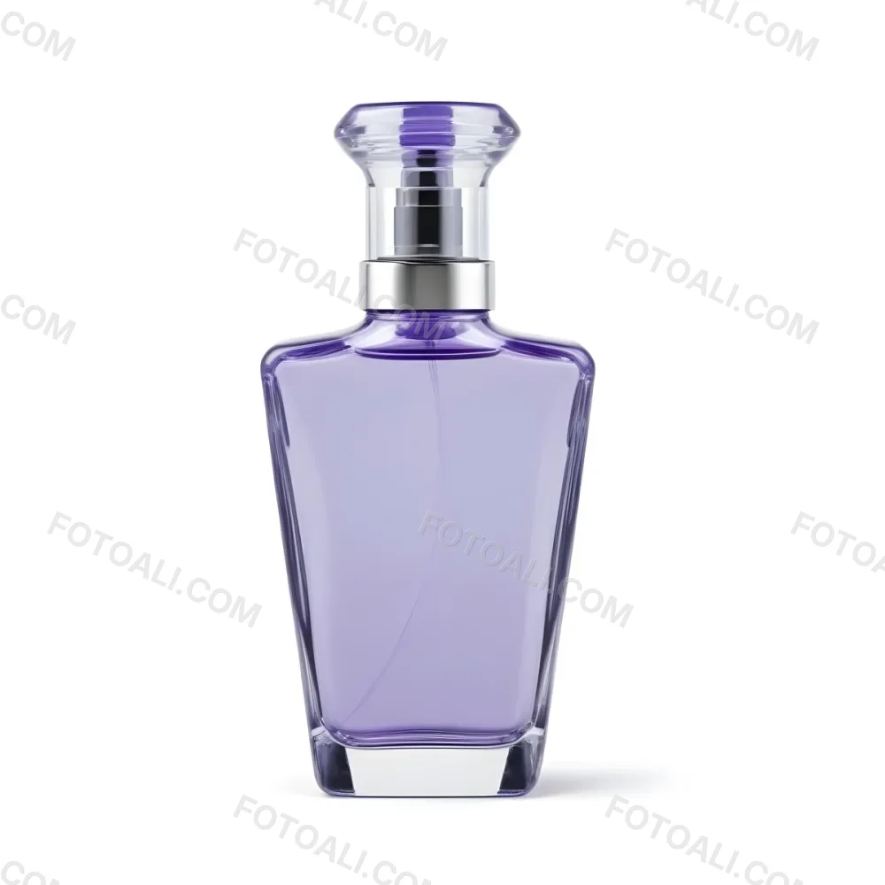 A Transparent Perfume Bottle With A Purple Cap On A White Background The Bottle Has A Transparent Neck And A Square Shape 6 Bfb8