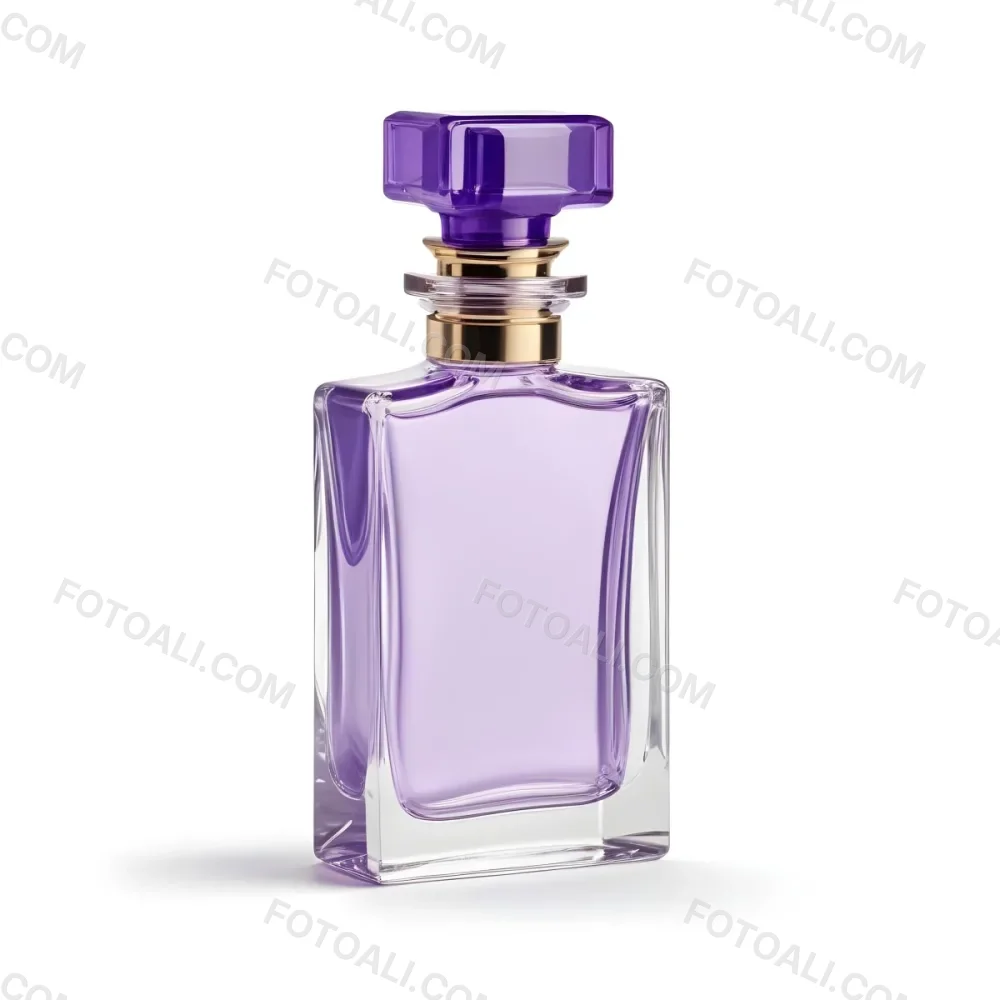 A Transparent Perfume Bottle With A Purple Cap On A White Background The Bottle Has A Transparent Neck And A Square Shape 7 F70c