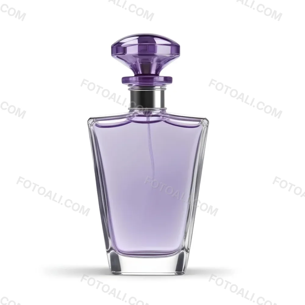 A Transparent Perfume Bottle With A Purple Cap On A White Background The Bottle Has A Transparent Neck And A Square Shape 8 C0e6