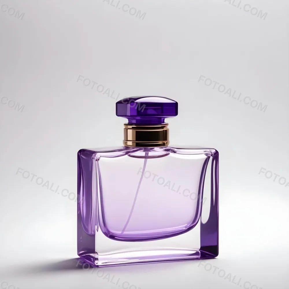 A Transparent Perfume Bottle With A Purple Cap On A White Background The Bottle Has A Transparent Neck And A Square Shape 9 3961