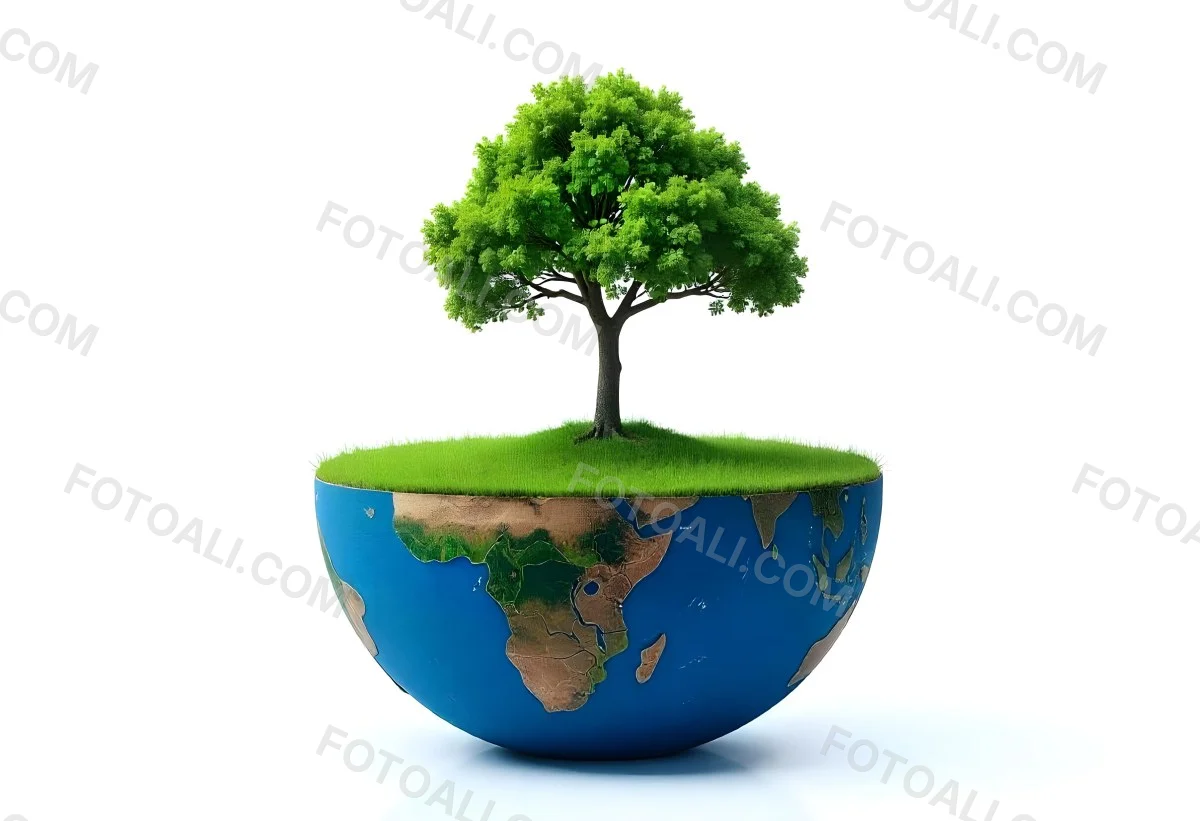 A Tree Growing On A Half Earth With Grass On Top Blue Ocean And White Clouds Isolated On White Background 1 0543