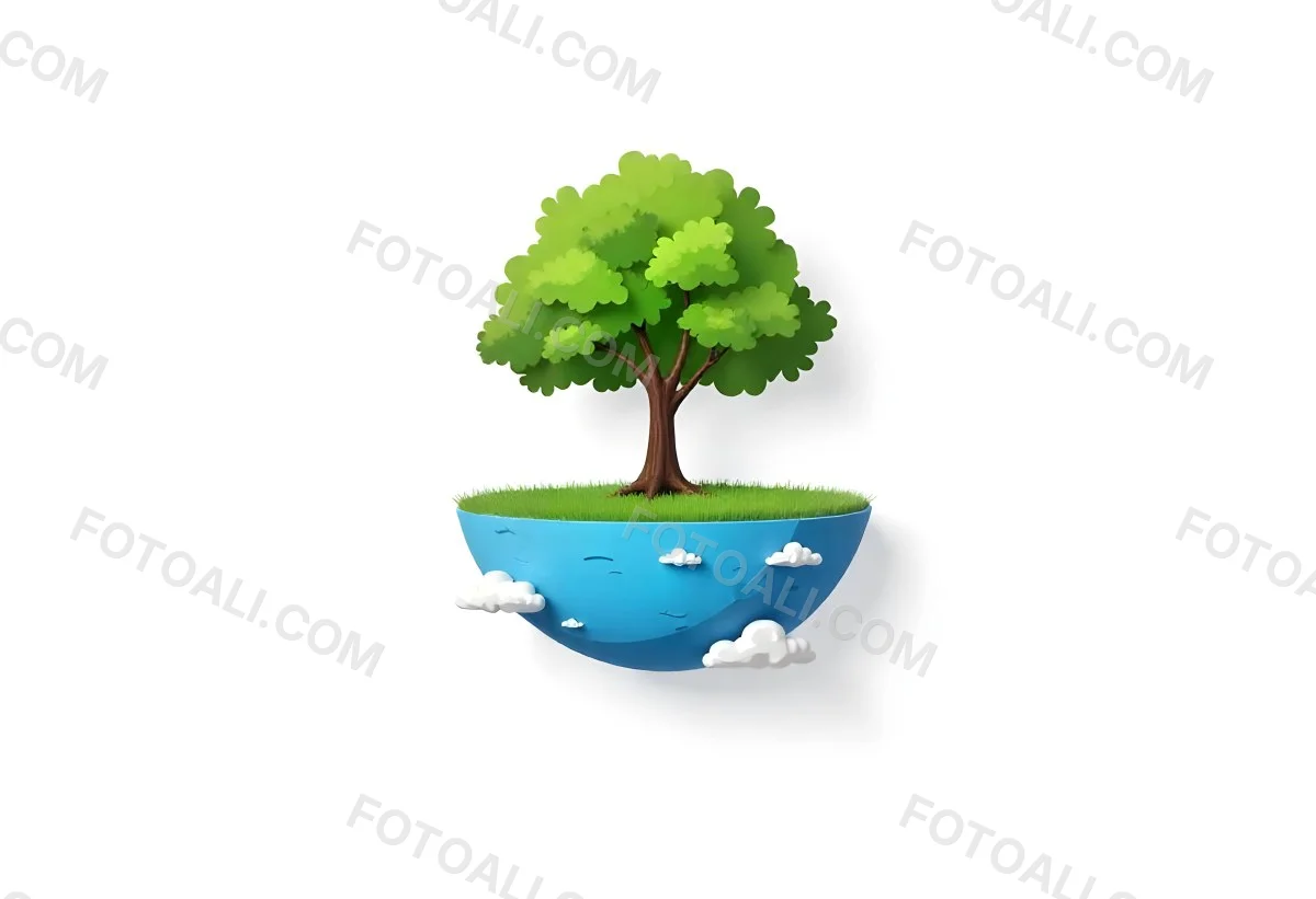 A Tree Growing On A Half Earth With Grass On Top Blue Ocean And White Clouds Isolated On White Background 34 8ec2