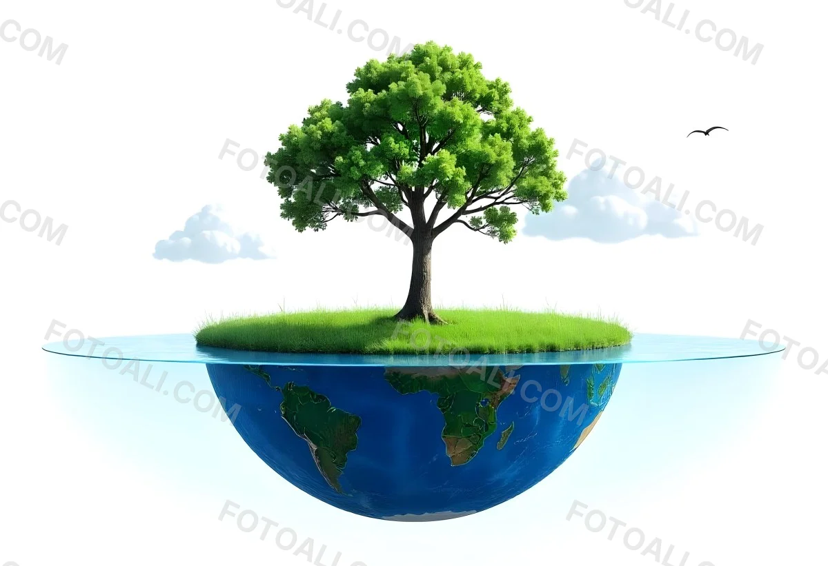 A Tree Growing On A Half Earth With Grass On Top Blue Ocean And White Clouds Isolated On White Background 38 Cf7f