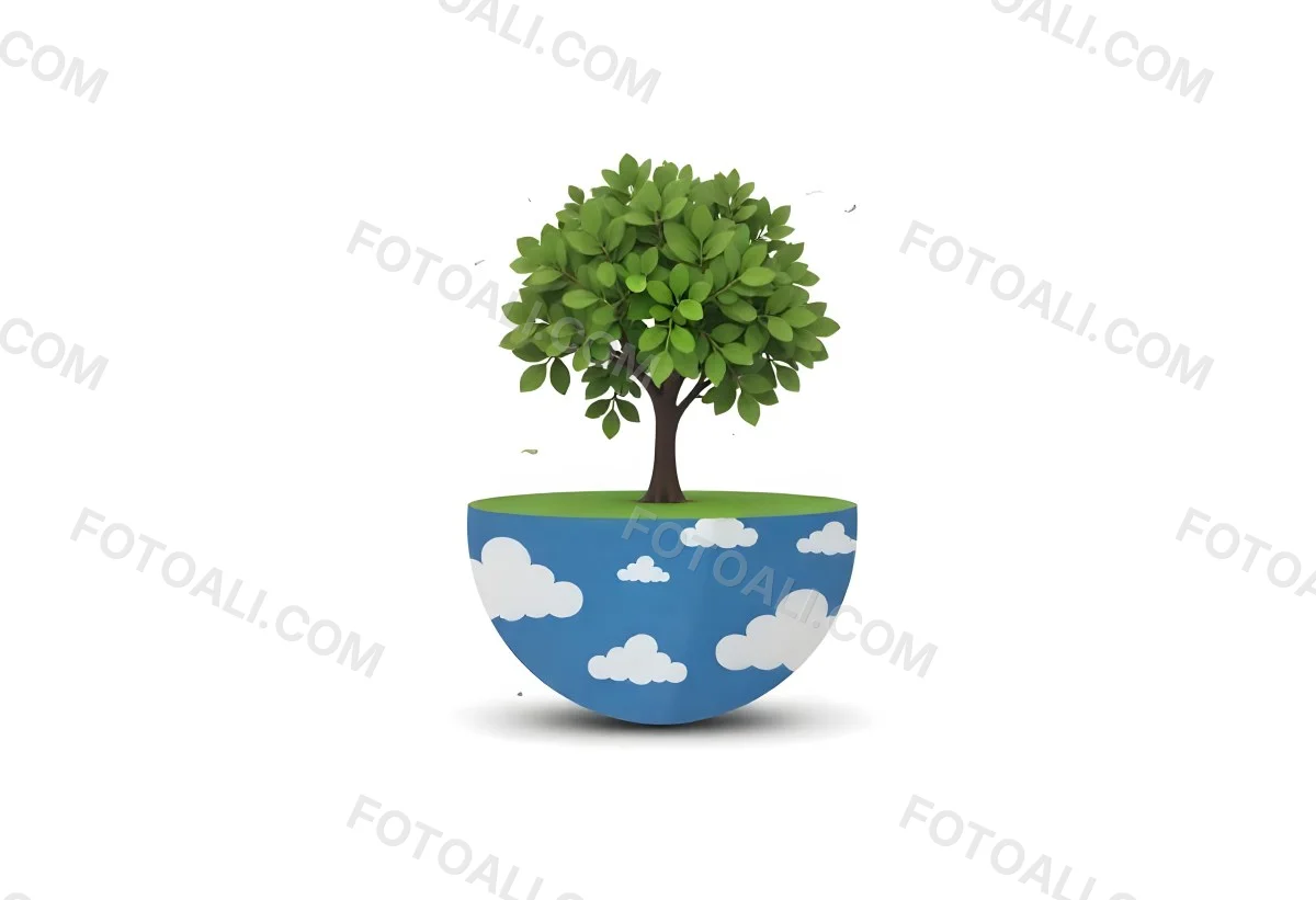 A Tree Growing On A Half Earth With Grass On Top Blue Ocean And White Clouds Isolated On White Background 39 26ef
