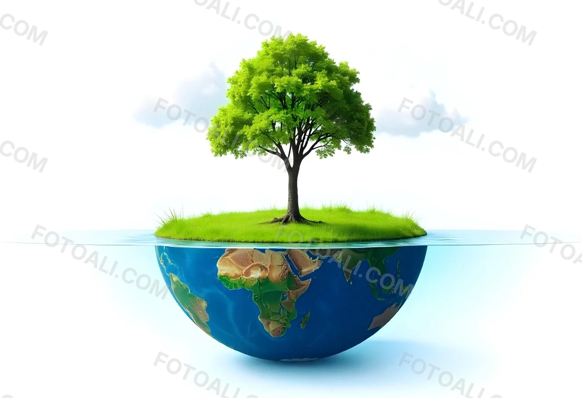 A Tree Growing On A Half Earth With Grass On Top Blue Ocean And White Clouds Isolated On White Background 40 79d7