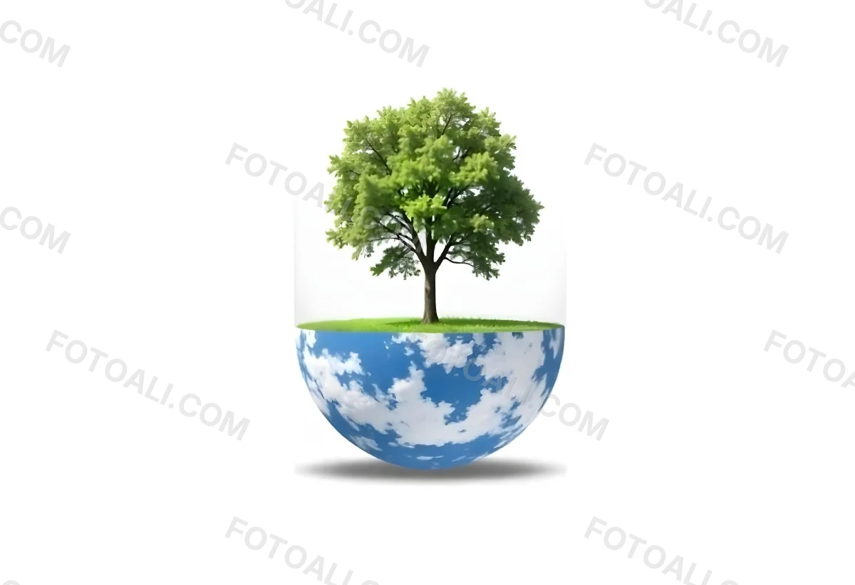 A Tree Growing On A Half Earth With Grass On Top Blue Ocean And White Clouds Isolated On White Background 41 F2db