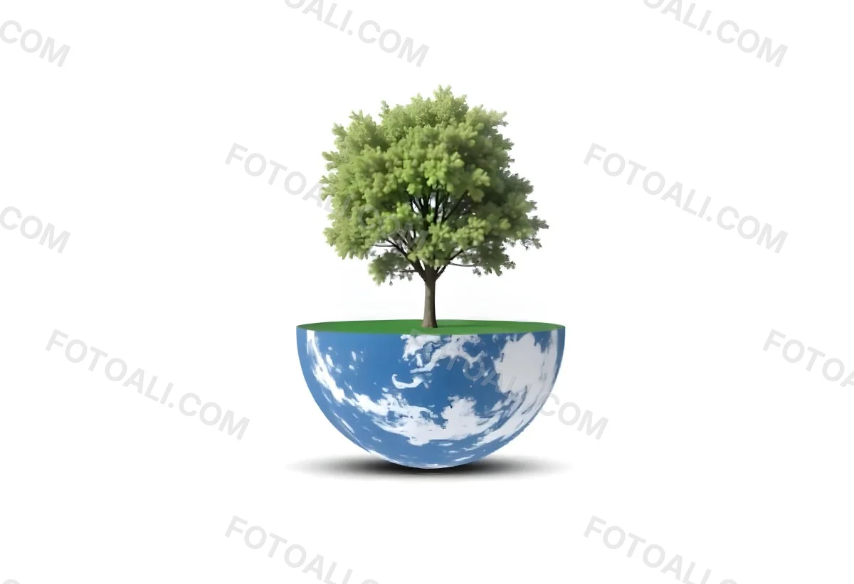 A Tree Growing On A Half Earth With Grass On Top Blue Ocean And White Clouds Isolated On White Background 43 A714