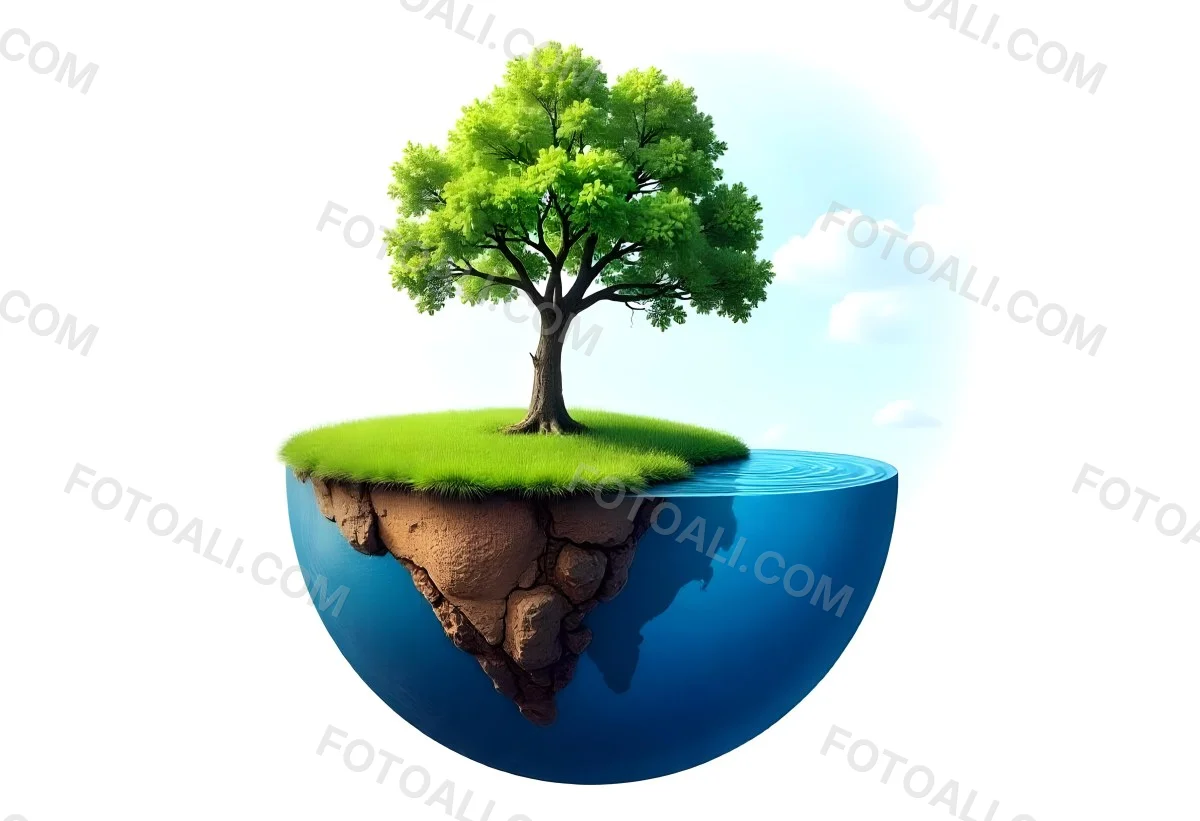 A Tree Growing On A Half Earth With Grass On Top Blue Ocean And White Clouds Isolated On White Background 44 1ad5