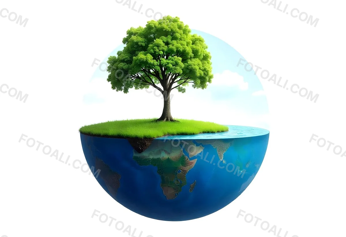 A Tree Growing On A Half Earth With Grass On Top Blue Ocean And White Clouds Isolated On White Background 5 2561